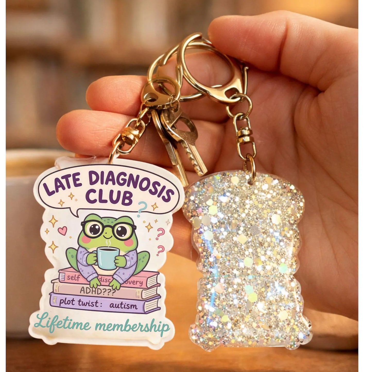 Late Diagnosis Club Keychain: Glitter Frog, ADHD Autism Neurodivergent Gift