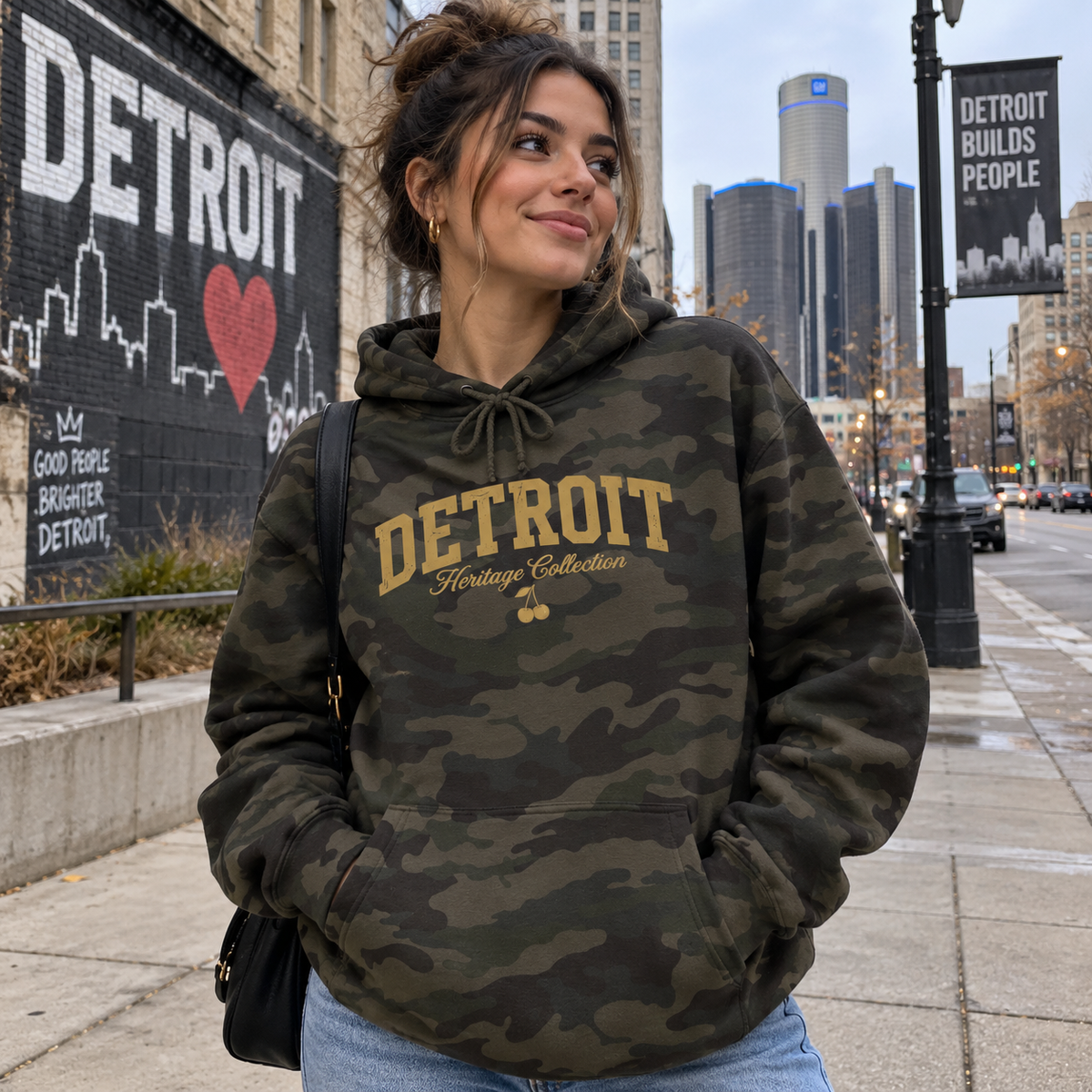 A woman wearing a camouflage hoodie with 'DETROIT Heritage Collection' printed in gold on the front, standing on a city sidewalk with a Detroit skyline in the background.